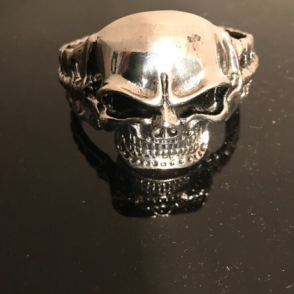 Skull Cuff Bracelet Mens Heavy Biker Silver Rock Goth Mans Moto Gothic Punk Big - Picture 4 of 7